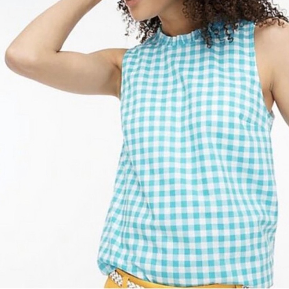 J. Crew Aqua and White Gingham Sleeveless Blouse